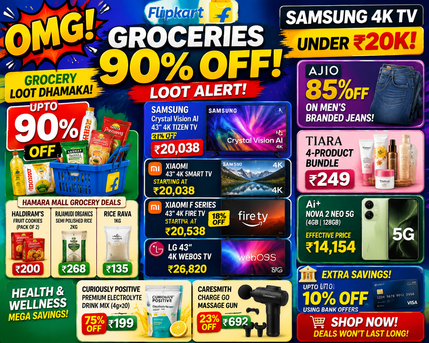 OMG! Flipkart Groceries 90% Off & Samsung 4K TV under ₹20K! Loot Alert!